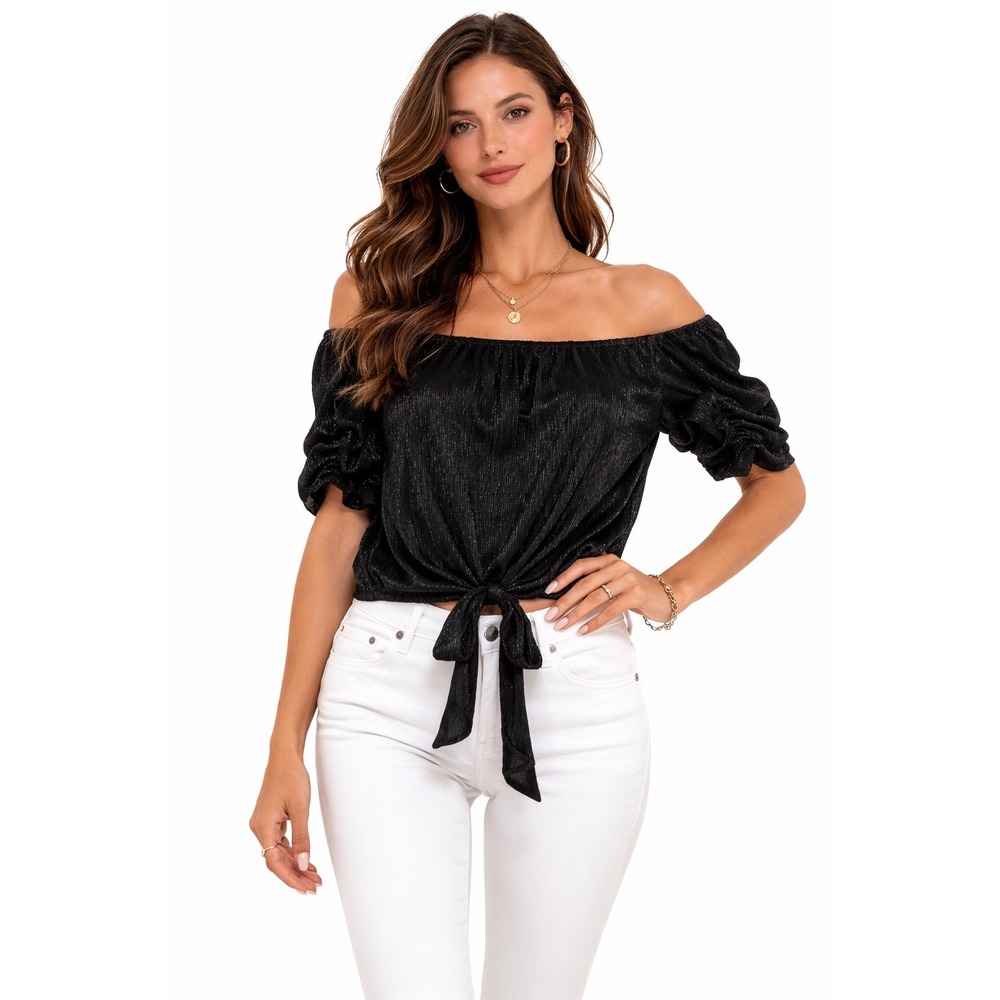 CeCe Black Metallic Shimmer Off Shoulder Tie‎ Front Blouse NWT Medium C051170G